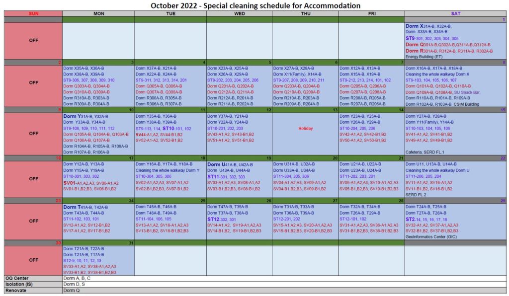 Janitorial Special Cleaning October 2022 Schedule – Office of